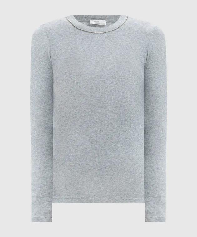 Peserico Gray melange ribbed jumper with monil chain