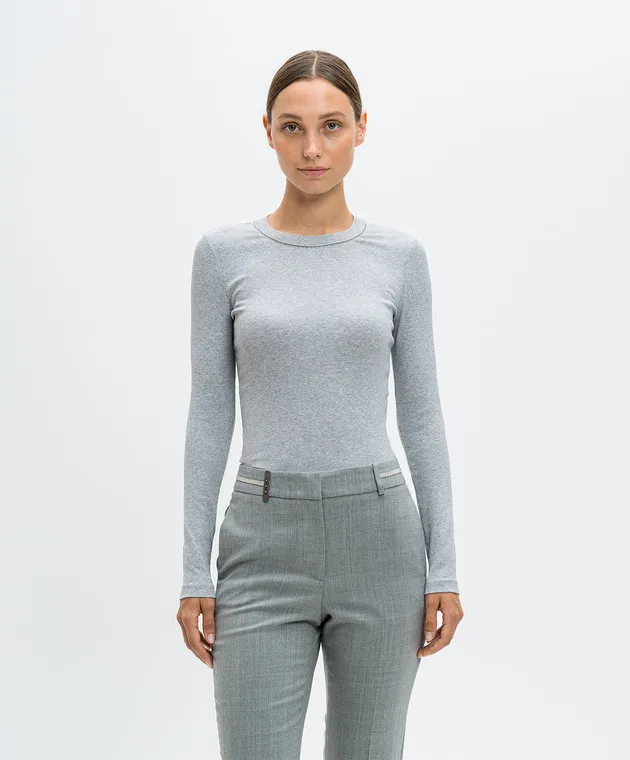 Peserico Gray melange ribbed jumper with monil chain